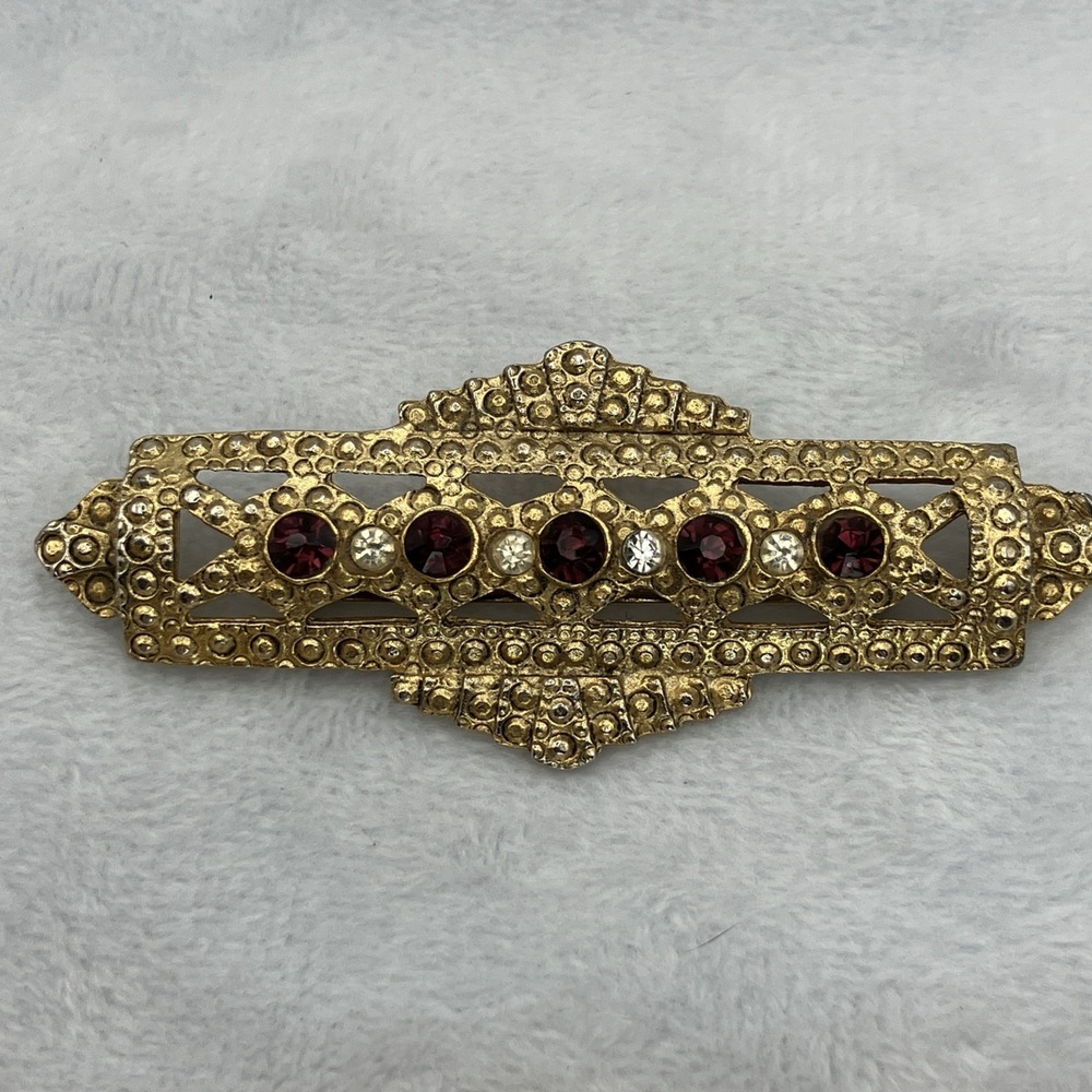 Art Deco Clear Red Rhinestones Bar Brooch Gold Tone Great Gatsby Flapper Glamour